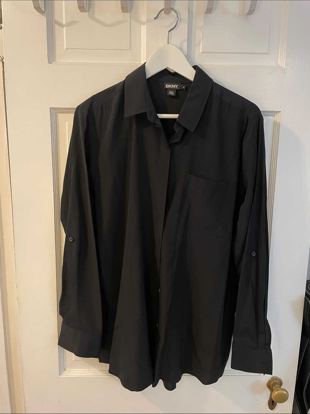 DKNY Woman’s Silk Black Long-Sleeve Button Front Shirt, Size M